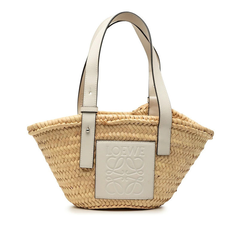 Loewe Anagram Bucket Bag Tote Basket White Beige Cream Leather Palm Leaf
